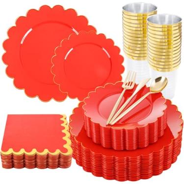 Imagem de LIYH 210 peças de pratos de plástico vermelho - conjunto de pratos e guardanapos descartáveis vermelhos, prato de plástico recortado dourado inclui prato de jantar e sobremesa, talheres, copos para o