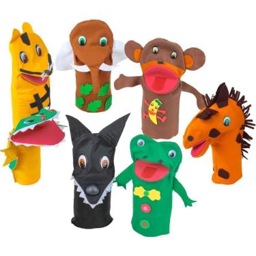 Imagem de Kit Fantoche Animais Selvagens 7 Peças em Feltro e.V.A. 26cm Carlu Brinquedos