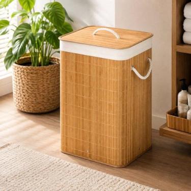 Imagem de Cesto de Roupas 50L com Tampa e Alça de Bambu - Lehavi