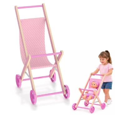Imagem de Carrinho de Boneca Passeio Dobrável em Mdf com Trava de Segurança Infantil Rosa Junges