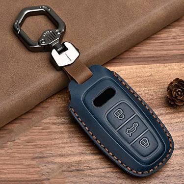 Imagem de YJADHU Couro remoto masculino feminino porta-chaves porta-chaves tampa do porta-chaves do carro, adequado para Audi A6 A7 A8 Q8 E-tron C8 D5 A8L A6L 2018 2019 2020, nova corrente, azul