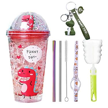 Imagem de seelucky Caneca de viagem de dinossauro com canudo copo de bebida com alça copo de festa vermelho copo de gelo para piquenique aniversário (gel vermelho de dinossauro, 430 ml)