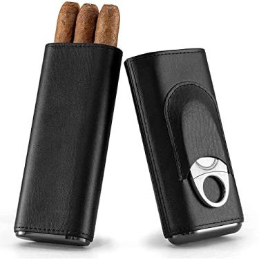 Imagem de Estojo de charuto para viagem, couro com umidor de charuto de 3 dedos com cortador de charuto, estojo de transporte de charuto forrado com cedro, caixa de presente para homens e mulheres amigos, preto