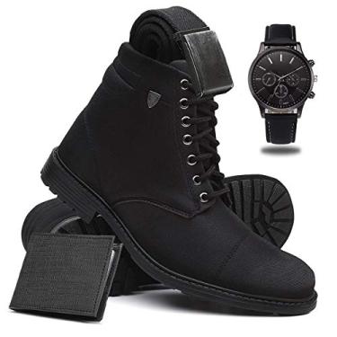 Imagem de Bota Coturno Masculino Casual Conforto Cano Médio + Relógio + Cinto + Carteira - Preto/40