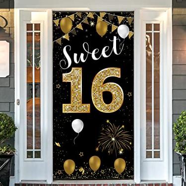 Imagem de Banner de porta de pano de fundo de aniversário Sweet 16, decorações de aniversário de 16 anos para meninas meninos ouro preto, adereços de cabine de fotos de aniversário de 16 anos, placa de festa de aniversário para suprimentos internos ao ar livre, vicicaty