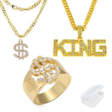 Imagem de Pacote com 3 anéis masculinos banhados a ouro Hip Hop Cz com pingente e colar com pingente e pingente com caixa