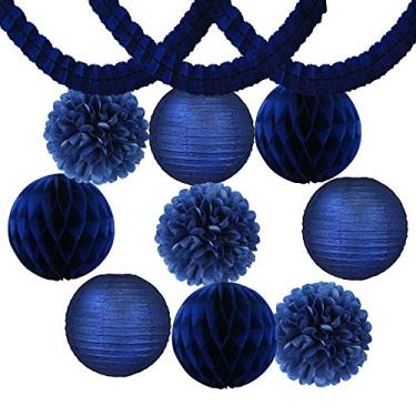 Imagem de Conjunto de 12 peças de decoração de festa náutica para decoração de tecido, pompom de papel + guirlanda de papelão + lanterna de papel azul marinho, decoração de casamento temática, decorações de fes