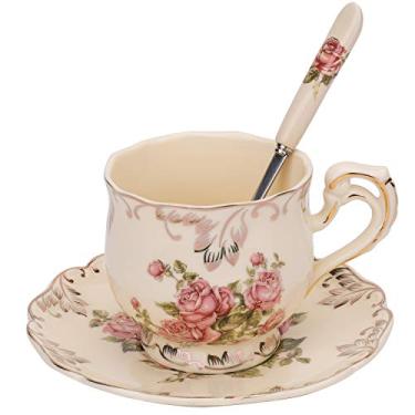 Imagem de Conjunto de xícara de chá e pires Foraineam, 227 g Conjunto de xícara de chá de cerâmica floral vintage de porcelana marfim com pires e colher