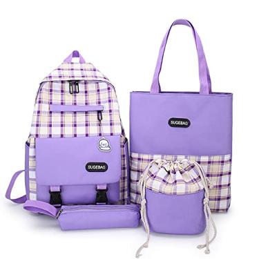 Imagem de Mochila universitária com bolsa, bolsa de moedas, estojo de lápis conjunto de 4 peças mochila de lona para laptop vários bolsos mochila Harajuku, roxo, 40 x 29 cm