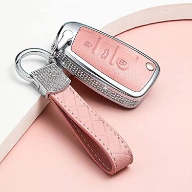 Imagem de YJADHU Suporte de proteção feminino capa de chave de carro capa de chave de couro chaveiro anel, apto para AUDI A1 A4 A3 A6 TT Q3 Q7 S3, rosa com chaveiroB