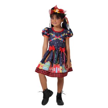 Imagem de Vestido Festa Junina Infantil Azul Estampado Dança Quadrilha