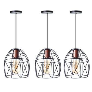 Imagem de Kit 3 Lustre Pendente Interno Aramado Bala 23Cm Preto