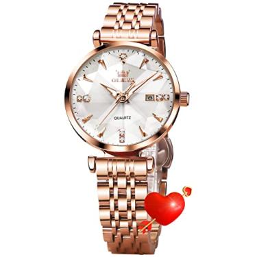 Imagem de Relógio feminino OLEVS com vestido de luxo diamante, ouro, rosa, relógio de pulso de aço inoxidável luminoso à prova d'água, relógio de data