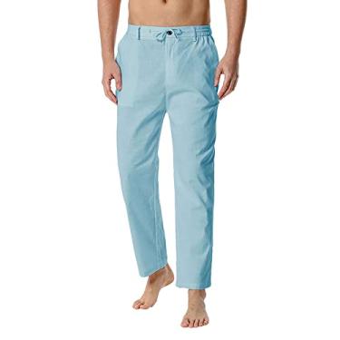 Imagem de Home Calças masculinas de algodão - cintura elástica leve casual solta calça masculina pelúcia memória, Azul, G
