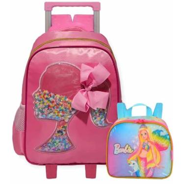 Imagem de Mochila Escolar Infantil Com Rodinha G Rosa Kit Mochila Boneca Laço 3D Meninas Rodinhas Impermeável Lancheira Térmica