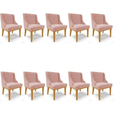 Imagem de Kit 10 Cadeiras Estofadas Para Sala De Jantar Base Fixa De Madeira Castanho Lia Veludo Rosê