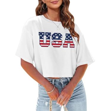 Imagem de Camiseta cropped feminina com bandeira americana EUA camiseta patriótica 4 de julho Memorial Day camiseta feminina cropped tops, Estrela - branco, GG