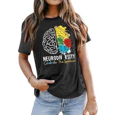 Imagem de Neurodiversity Shirts Women: Autism Awareness Shirt ADHD Rainbow Graphic Tee Tops Manga Curta Camiseta Rbt, Cinza-escuro, P