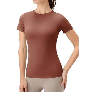 Imagem de GymNatural Camisetas femininas de compressão, atlética, modelagem seca, ioga, academia, básica, Castanho, M