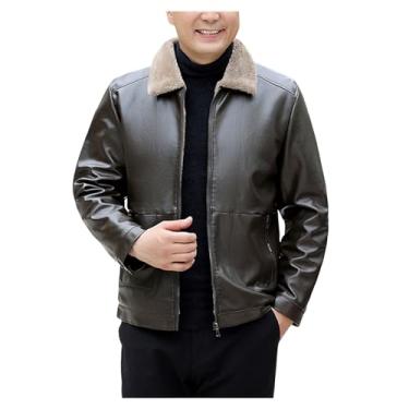 Imagem de Jaqueta masculina de lã, de couro, quente, com fecho de zíper, casaco de inverno, gola de lapela espessa, jaqueta casual, Marrom, 4X-Large