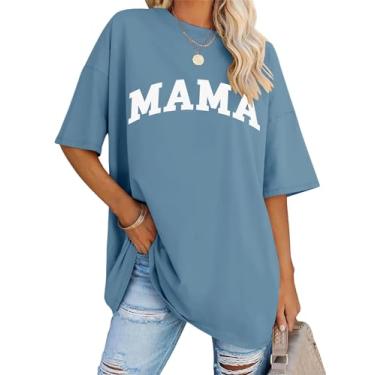Imagem de LOMON Camisetas femininas grandes de manga curta gola redonda para o verão, camisetas soltas, casuais, para mamãe, camiseta básica, Letra cinza azul mamãe, XXG