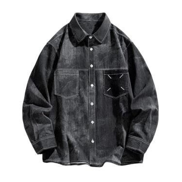 Imagem de Camisa jeans masculina, manga comprida, botões frontais, cor sólida, folgada, gola larga, Preto, XXG