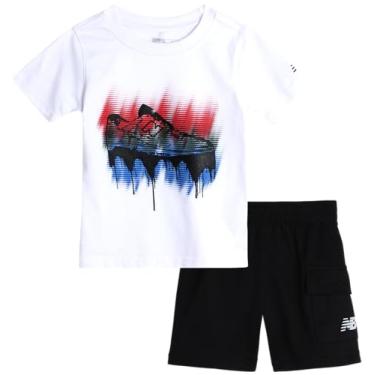 Imagem de New Balance Conjunto de shorts para bebês meninos - camiseta de 2 peças e shorts cargo de lã - Roupa fofa para bebês (12M-4T), Branco/preto, 4 Anos