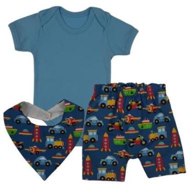 Imagem de Conjunto Body Manga Curta e Short / Bermuda Autos + Babador - Roupa Bebê Menino-Masculino