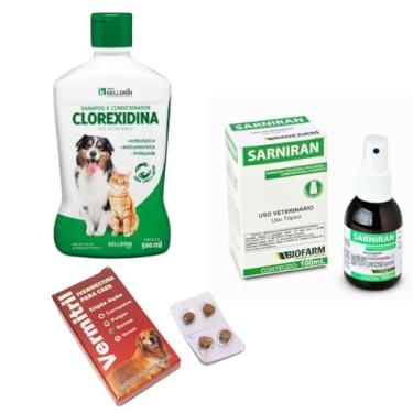 Imagem de Kit de Tratamento Dermatite Canina e Coceira, Anti-pulgas 15kg, Shampoo Clorexidina 500ml e Sarniran 100ml
