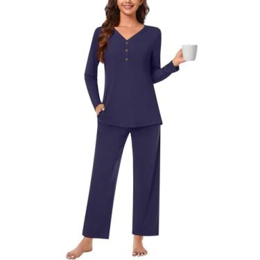 Imagem de Anyally Conjunto de pijama feminino, plus size, 2 peças, roupa de dormir, outono, manga comprida, calça comprida com bolsos, conjunto de pijama feminino, A05 Azul-marinho, G