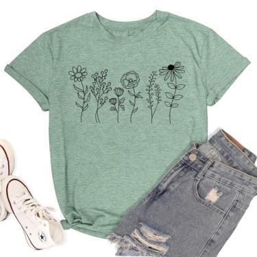 Imagem de Camiseta feminina com estampa floral floral de verão camiseta casual de manga curta para amantes de plantas, Verde, XXG