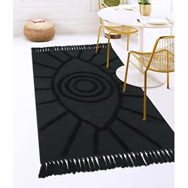 Imagem de Uphome Tapete de área Boho 1,2 x 1,6 m lavável com olho turco tufado tapete de sala de estar com borlas tecido de algodão macio tapete de berçário casa de fazenda estética cinza escuro tapete interno para casa cozinha sala de jantar quarto