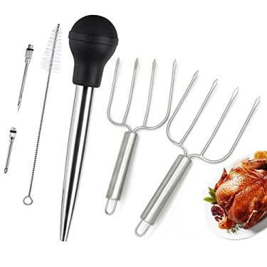 Imagem de KAYCROWN Baster de peru e levantadores de torra de peru, baster de peru de borracha com 2 agulhas de marinada e conjunto de garfos de aves de peru de aço inoxidável, levantadores de aves