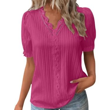 Imagem de Lainuyoah Camisetas soltas femininas de verão de manga curta texturizadas, gola V, acabamento em renda, lisa, casual, básica, blusas, A - rosa quente, 4G