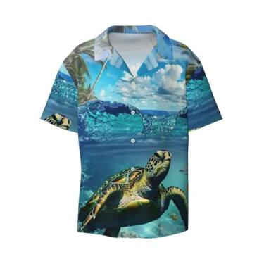 Imagem de IYOVI Camisa masculina havaiana com estampa amarela e branca floral solta de manga curta Cuba camisa de praia de verão com botões, Turtle in the Ocean Near Fish, GG