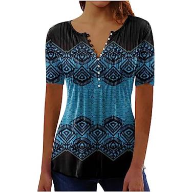 Imagem de MaMiDay Túnica feminina com decote em V, estampa curta, estampada, casual, folgada, blusas modernas, pulôver, Azul, P