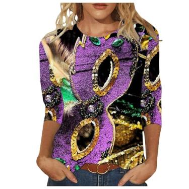 Imagem de Camisetas femininas de Mardi Gras 2024, manga 3/4, casual, estampada, blusas elegantes, folgadas, para o carnaval, A26#roxo, P
