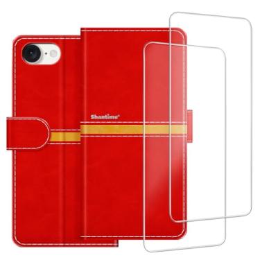 Imagem de ESACMOT Capa de celular compatível com iPhone SE 4 + [2 unidades] película protetora de tela de vidro, capa protetora magnética de couro premium para iPhone SE 4 vermelha