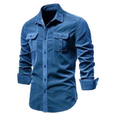 Imagem de BoShiNuo Camisas masculinas de veludo cotelê de algodão outono cor sólida slim fit casual manga longa camisa social para homens, Azul, PP