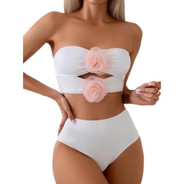 Imagem de GORGLITTER Biquíni feminino floral 3D sem alças de cintura alta, Branco, P