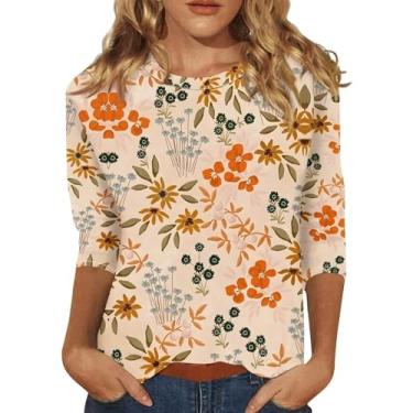 Imagem de Camisetas femininas de verão 2024 na moda manga 3/4 boho estampa floral túnica camiseta gola redonda casual solta, Bege, GG