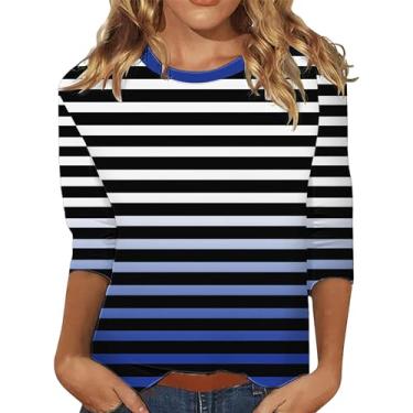 Imagem de Camisetas femininas listradas colorblock manga 3/4 comprimento gola redonda blusas casuais moda verão 2024 moda túnica elegante, X4 - azul, GG