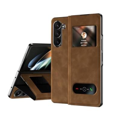 Imagem de HAO RIYLN Capa com janela para Samsung Galaxy Z Fold 6, capa de telefone de couro com fecho magnético para negócios à prova de choque - capa sem toque sensível, marrom, Z Fold 6