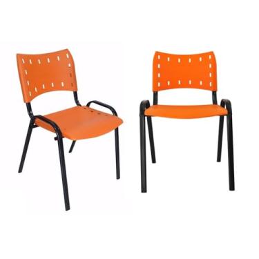 Imagem de Ecom Home - Kit Conjunto 2 Cadeiras ISO Laranja Empilhável Base Preta Comercial Resistente com Pés em Aço para Bares, Restaurantes, Sorveterias, Escritórios e Igrejas