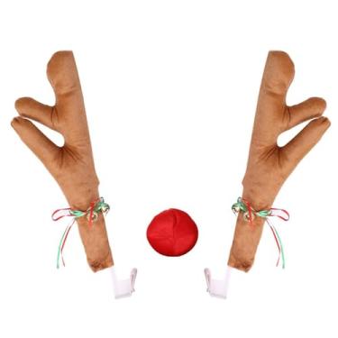 Imagem de Amagogo Conjunto de chifres de rena de carro genérico e nariz vermelho, decorações de Natal, fantasia de carro, acessórios para automóveis, Cáqui