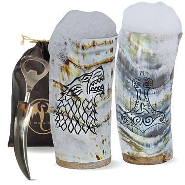 Imagem de Chifres Viking - Conjunto de 2 copos de hidromelo com abridor | Saco de presente | Chifres de boi genuínos exclusivos | 100% autêntico feito à mão | Grau alimentício | Acabamento com brilho gravado (Fenrir, Mjolnir)