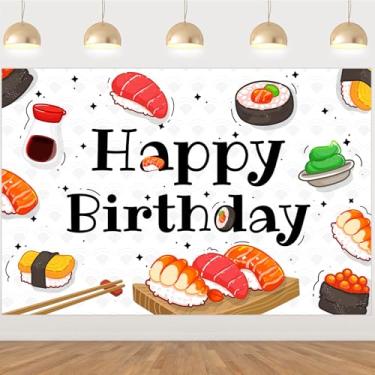 Imagem de Wonmelody Sushi Birthday Decoration 5*3 ft Sushi Birthday Backdrop Banner with Sushi Roll Eel Rice Wasabi Japanese Sushi Pattern Japanese Food Birthday Party Decor for Japanese 1st 10th 21st Birthday