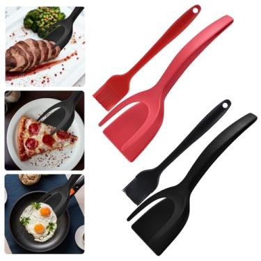 Imagem de Conjunto de 2 pinças de espátula de ovo 2 em 1, pinças de espátula para segurar e virar, torrada francesa de peixe panqueca para utensílios de cozinha em casa, vem com 2 pincéis de silicone (preto e