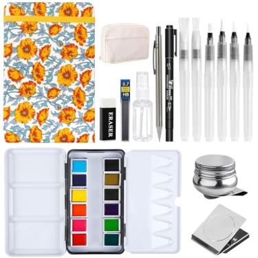 Imagem de Hicdaw Mini conjunto de tinta aquarela com 12 cores, conjunto portátil de aquarela de viagem com paleta de aquarela, materiais de pintura, conjunto de aquarela de bolso ideal para amantes de pintura e