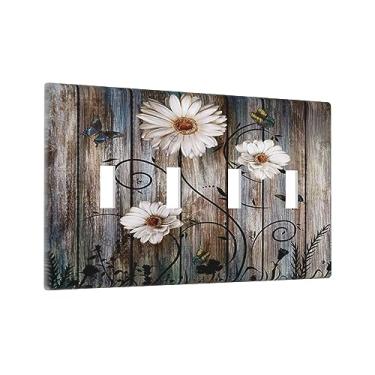 Imagem de Placas de parede com textura rústica floral borboleta margarida quatro alternância placas de parede decorativas estilo de madeira fazenda estilo 4 gangues interruptor de luz placa de interruptor elétrico placa frontal para decoração de quarto banheiro
